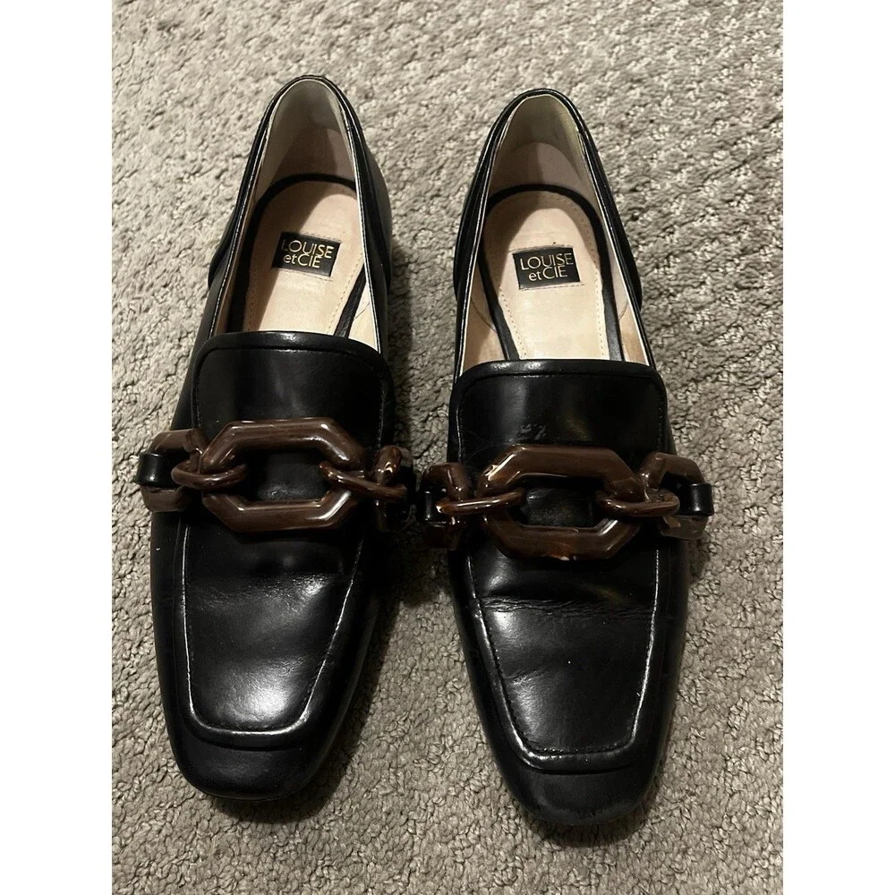 Louise et Cie Emlen Tortoise Chain Black Leather Classic Loafer 7.5 US/38 EU